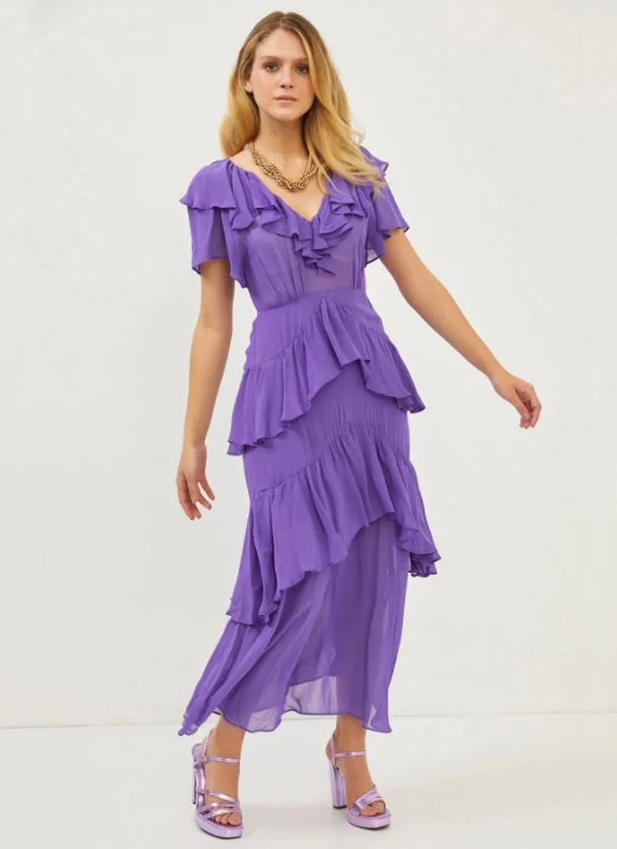 2230066 V-Neck Ruffled Layered Dress *Purple *Last Piece