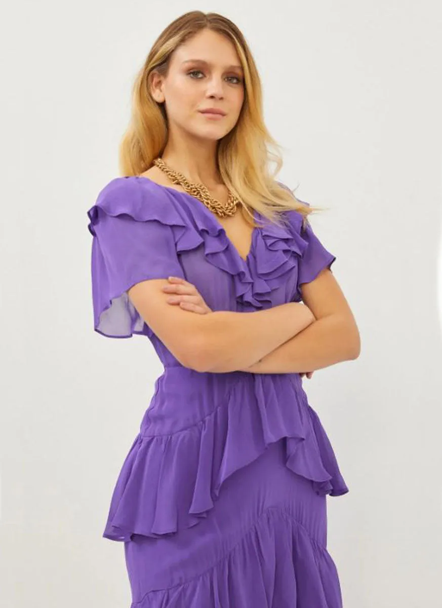 2230066 V-Neck Ruffled Layered Dress *Purple *Last Piece