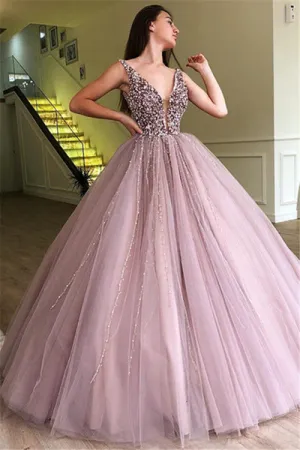 GORGEOUS BALL GOWN TULLE BEADING STRAPS SLEEVELESS PROM DRESS SA131