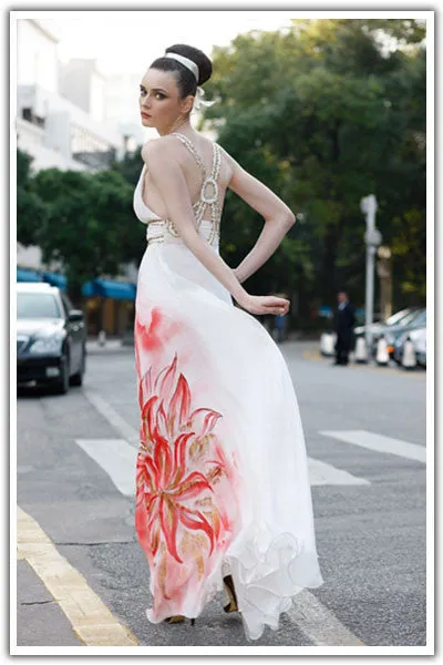 Grecian Ivory Formal Dress with Hand Painted Flower SA55810
