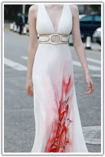 Grecian Ivory Formal Dress with Hand Painted Flower SA55810