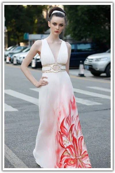 Grecian Ivory Formal Dress with Hand Painted Flower SA55810