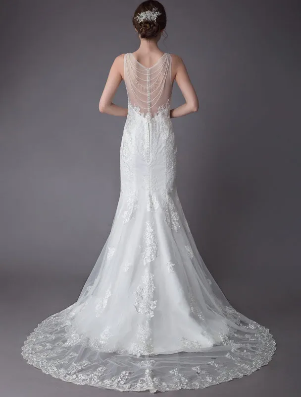 Lace Wedding Dress Ivory Illusion Neckline Sleeveless Chain Beach Wedding Dress Mermaid Bridal Gowns With Train Exclusive