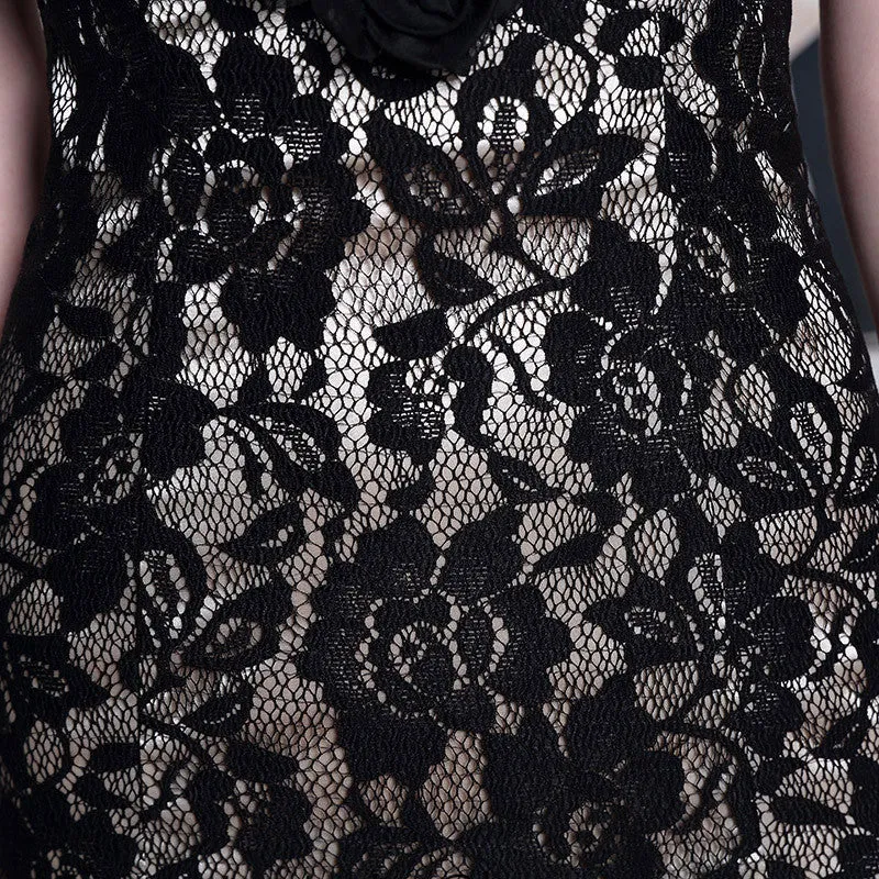 Modest Black Lace Floor Length Formal Prom Dress DQ830910