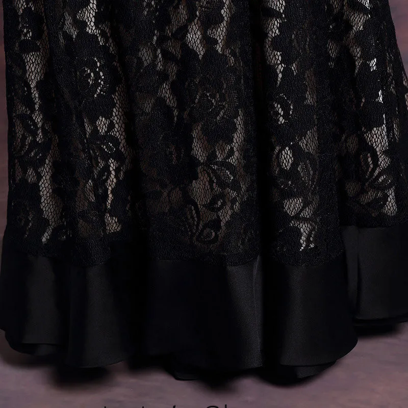 Modest Black Lace Floor Length Formal Prom Dress DQ830910