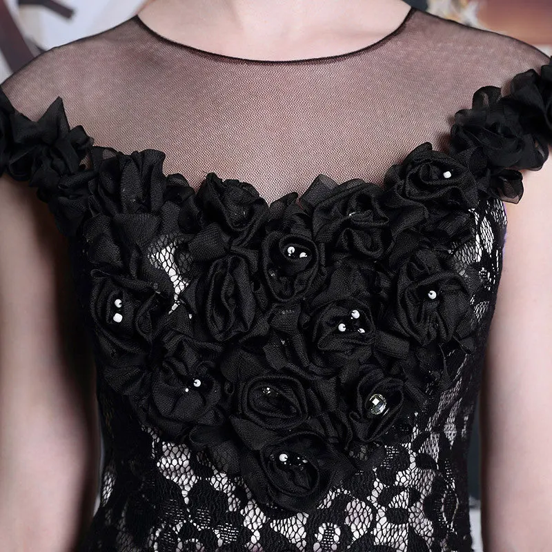 Modest Black Lace Floor Length Formal Prom Dress DQ830910