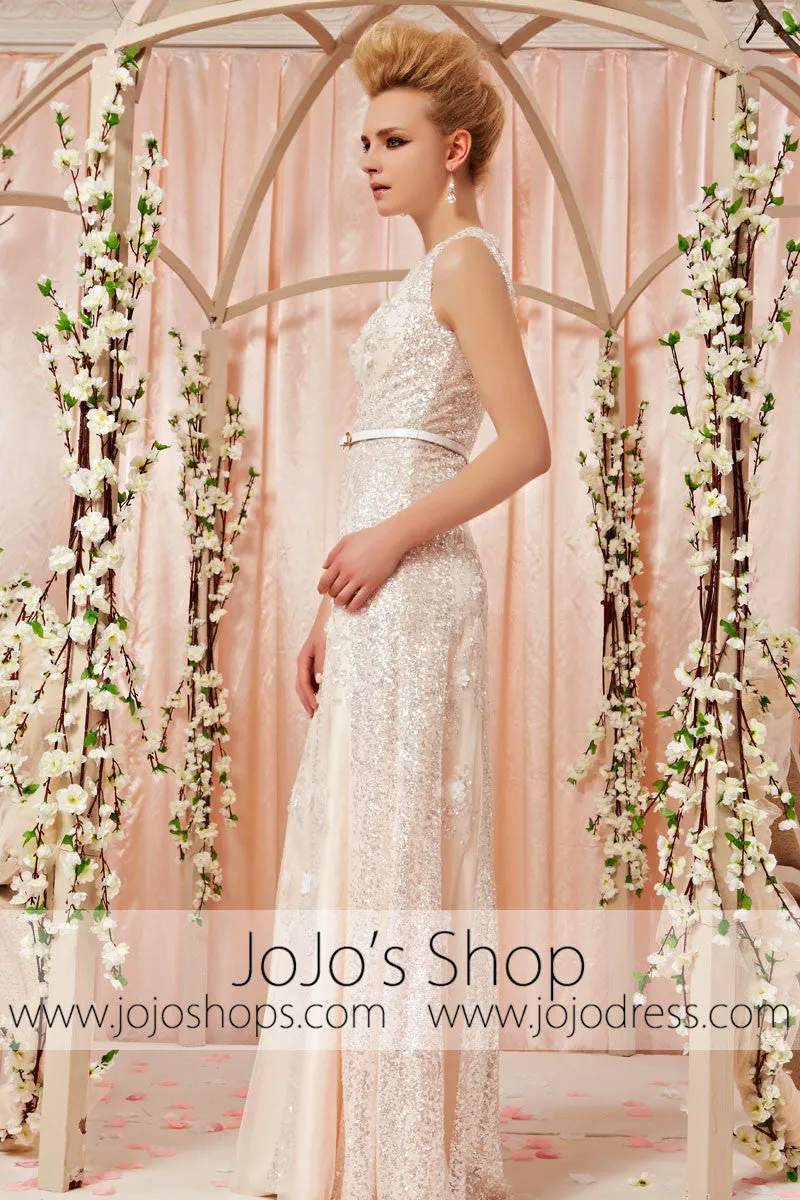 Modest White Silver Lace Sleeveless Evening Dress CX830390