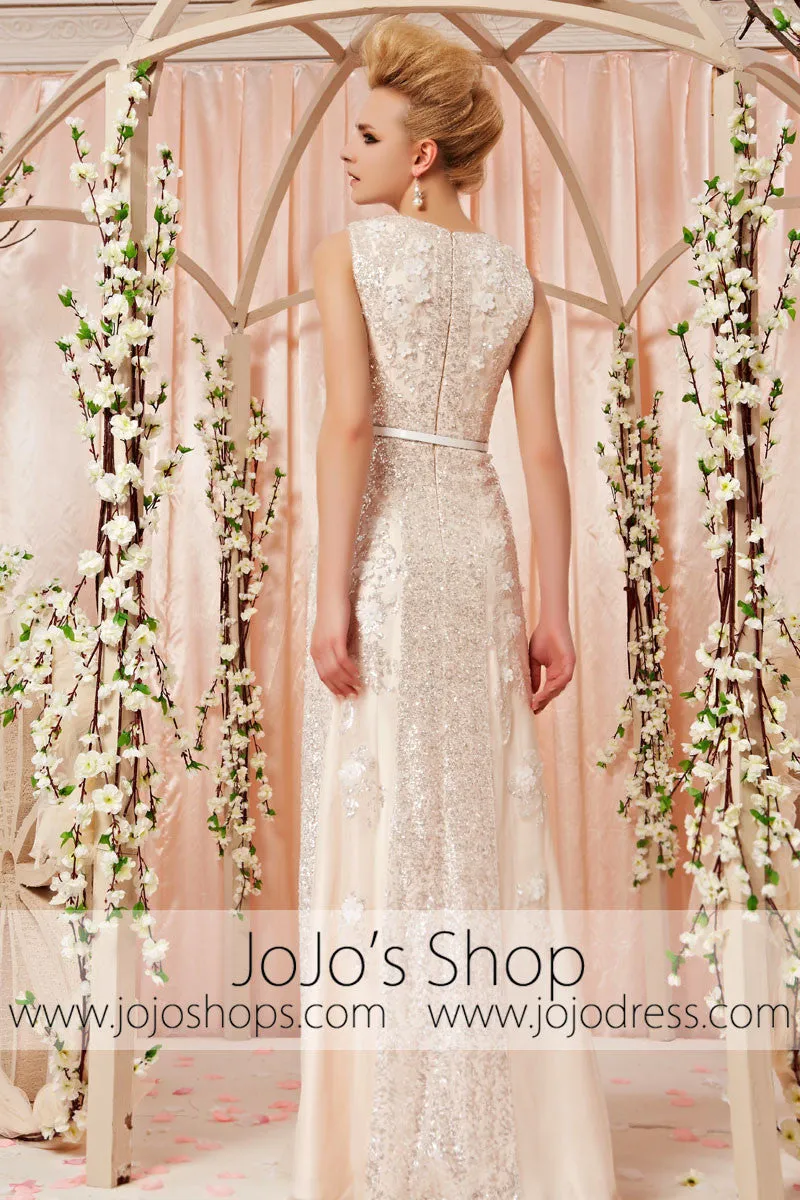 Modest White Silver Lace Sleeveless Evening Dress CX830390