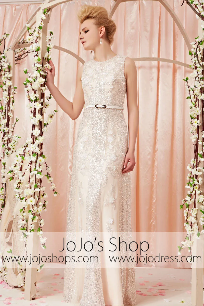 Modest White Silver Lace Sleeveless Evening Dress CX830390
