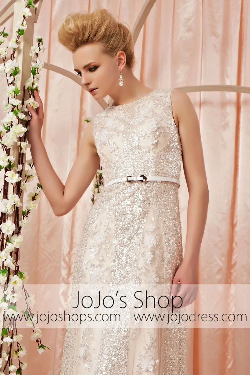 Modest White Silver Lace Sleeveless Evening Dress CX830390