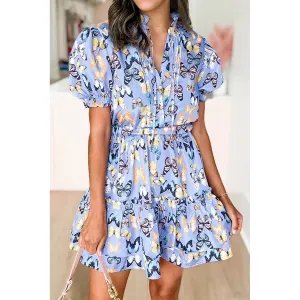 Short Puff Sleeve Pleated Ruffle Dress