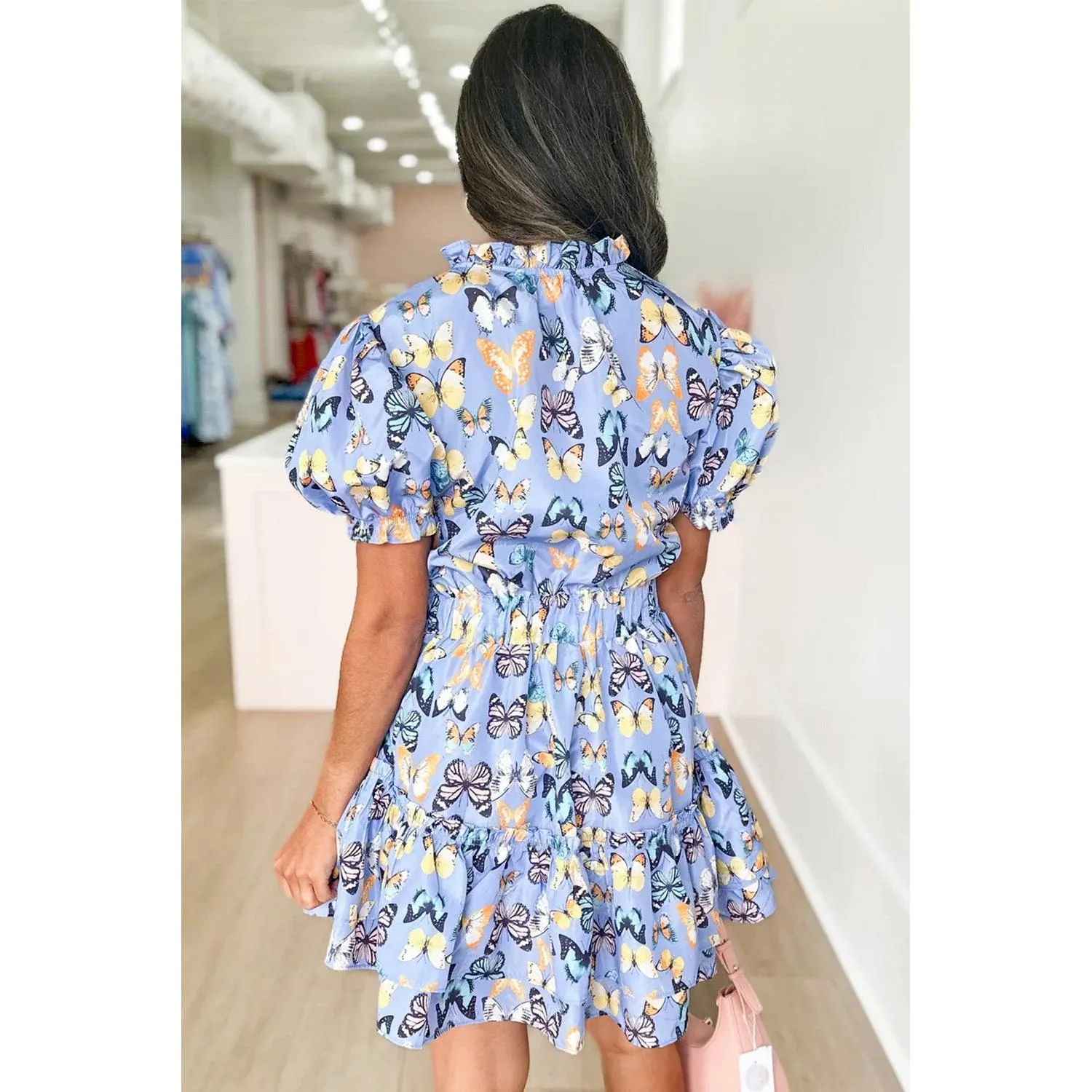 Short Puff Sleeve Pleated Ruffle Dress