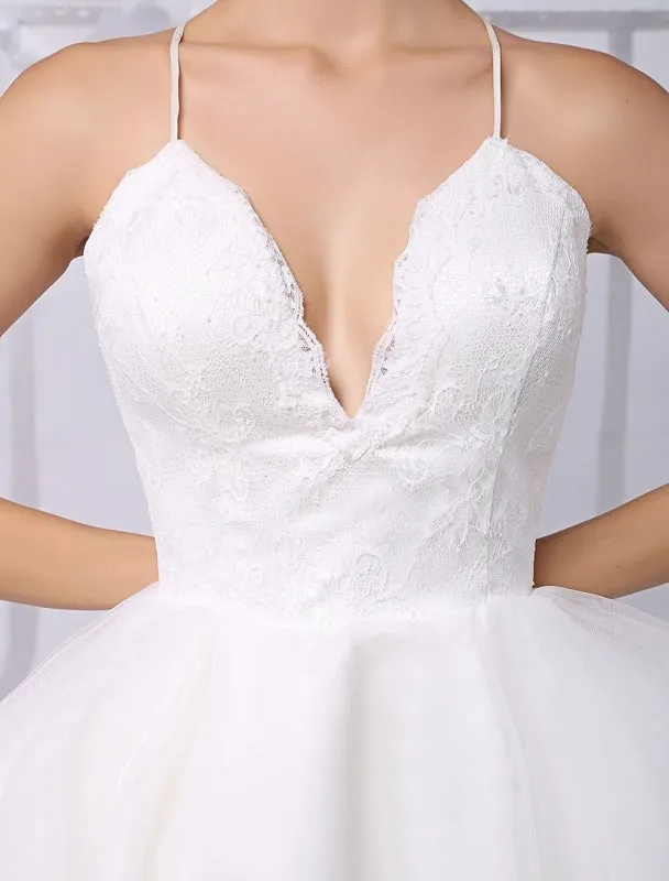 Tulle Knee-Length Spaghtti A-Line Wedding Dress With Long-Sleeves Lace Wrap Exclusive