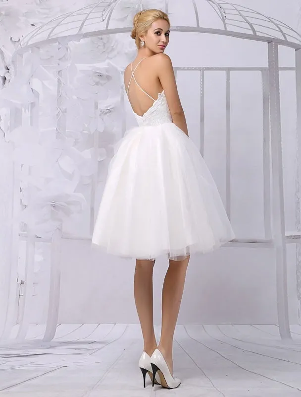 Tulle Knee-Length Spaghtti A-Line Wedding Dress With Long-Sleeves Lace Wrap Exclusive