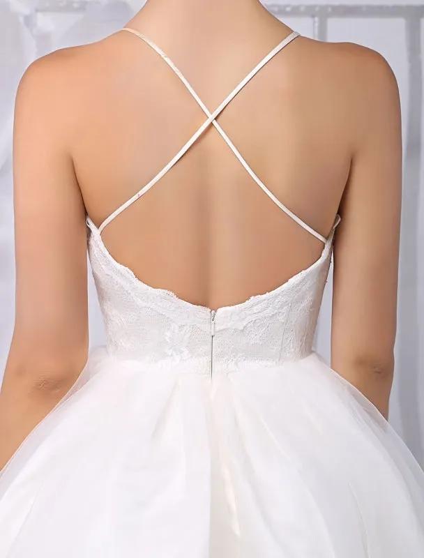 Tulle Knee-Length Spaghtti A-Line Wedding Dress With Long-Sleeves Lace Wrap Exclusive