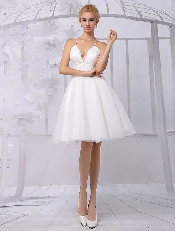 Tulle Knee-Length Spaghtti A-Line Wedding Dress With Long-Sleeves Lace Wrap Exclusive