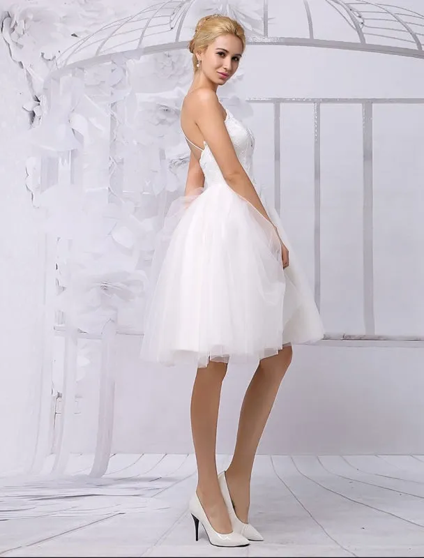 Tulle Knee-Length Spaghtti A-Line Wedding Dress With Long-Sleeves Lace Wrap Exclusive