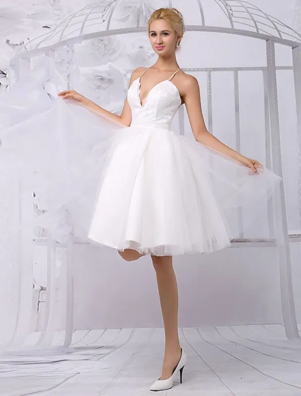 Tulle Knee-Length Spaghtti A-Line Wedding Dress With Long-Sleeves Lace Wrap Exclusive