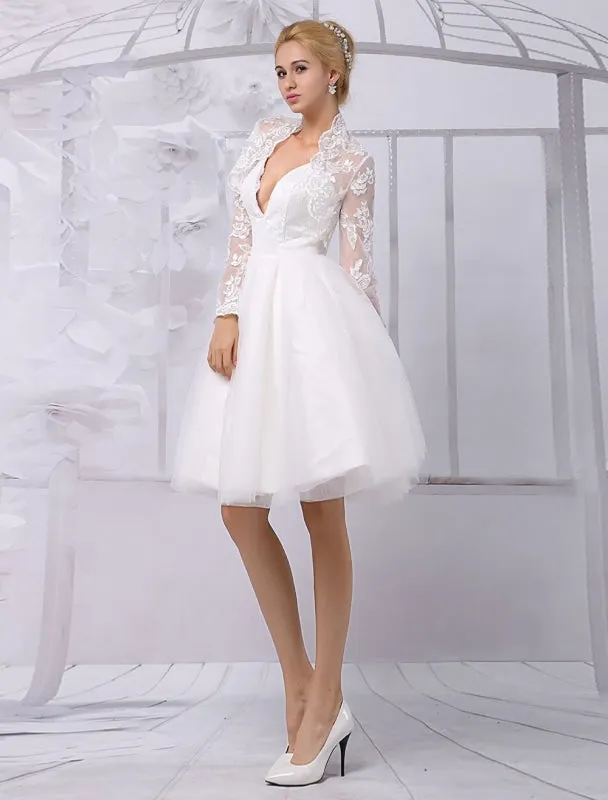 Tulle Knee-Length Spaghtti A-Line Wedding Dress With Long-Sleeves Lace Wrap Exclusive