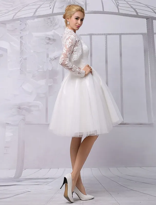 Tulle Knee-Length Spaghtti A-Line Wedding Dress With Long-Sleeves Lace Wrap Exclusive