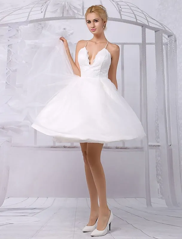 Tulle Knee-Length Spaghtti A-Line Wedding Dress With Long-Sleeves Lace Wrap Exclusive