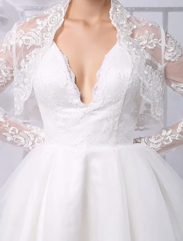 Tulle Knee-Length Spaghtti A-Line Wedding Dress With Long-Sleeves Lace Wrap Exclusive