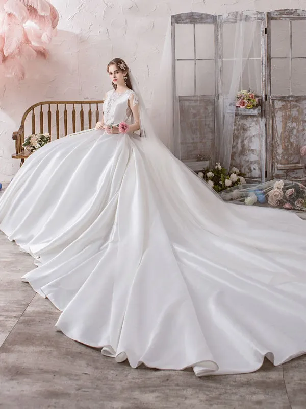 Wedding Dress Princess Silhouette Illusion Neckline Sleeveless Natural Waist Cathedral Train Bridal Gowns